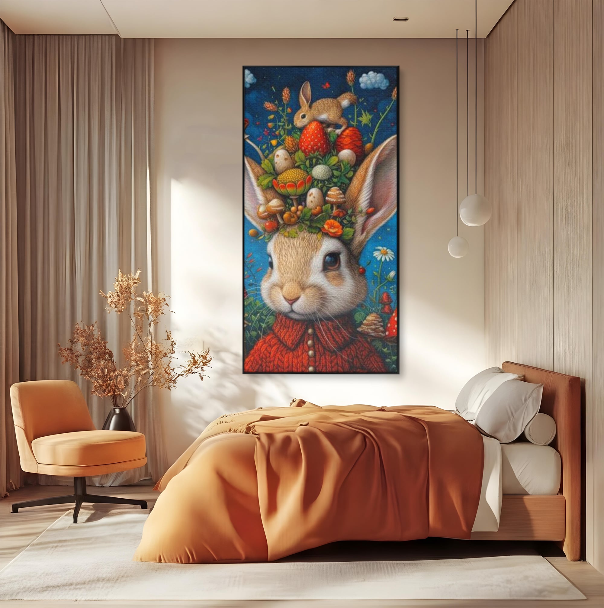 Tablou canvas cu tablou canvas cu iepuras fantastico-forestier, in rama de aluminiu negru, pe perete intr-un dormitor